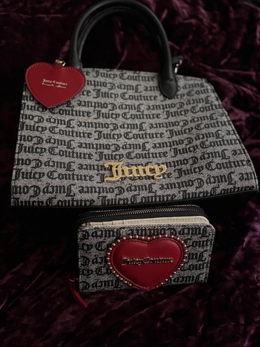 Juicy Couture Black & Gray Script Logo Tote with Red Heart Accents